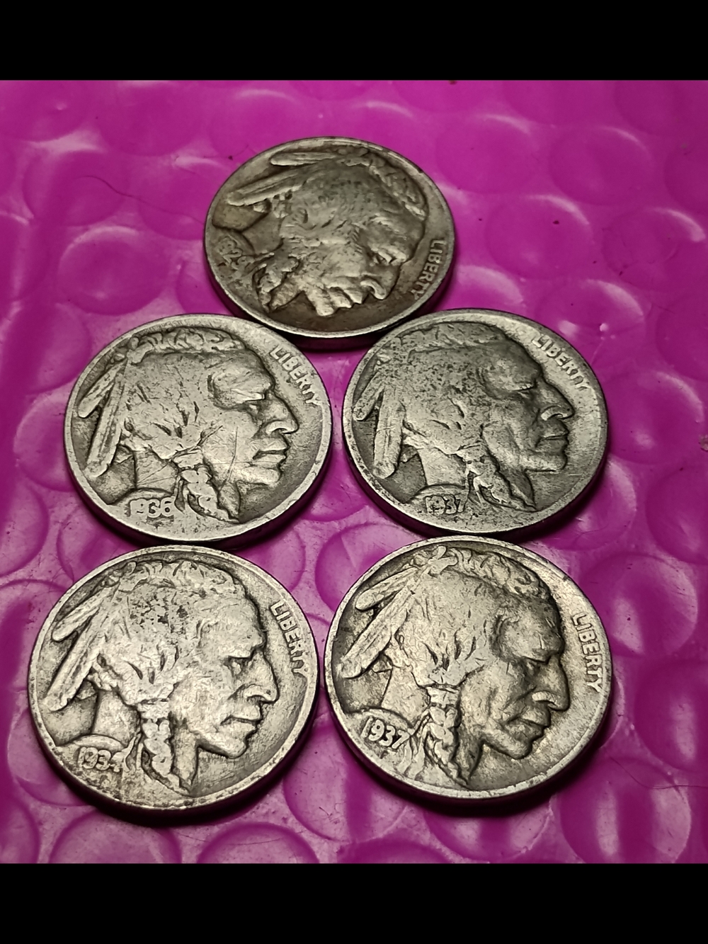 Buffalo Nickel Lot Of 5- Silver Toned Coins Some # Very Visible Some Not